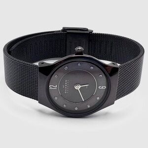 Skagen 233XSMM Slim Black Mesh Women’s Watch with MOP & Swarovski Crystals